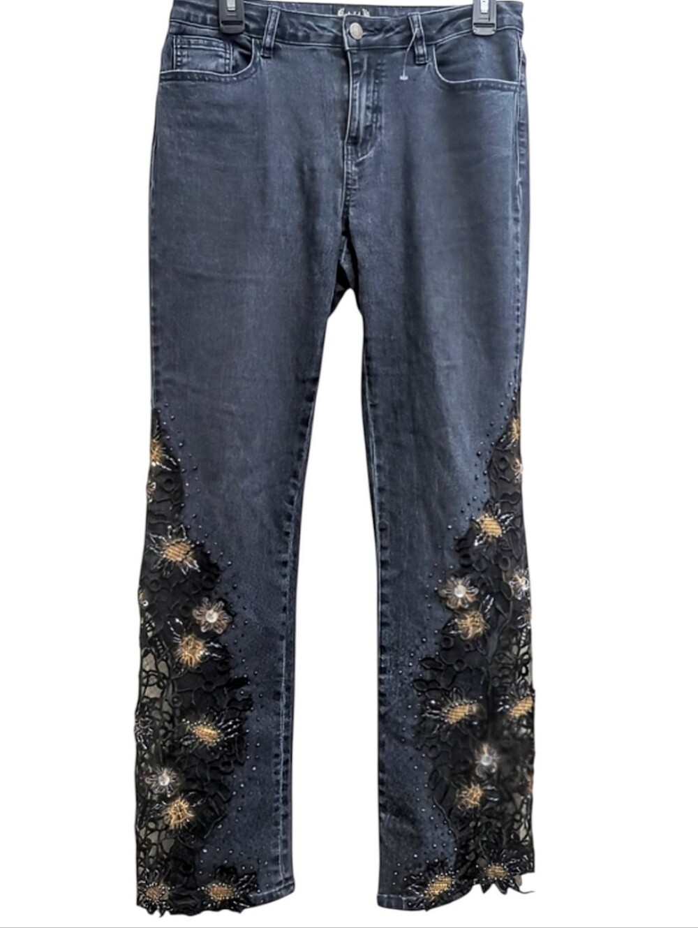 AZI New York Embellished Floral Lace Bootcut Jeans Size 8 Boho Coastal Cowgirl
